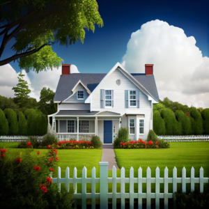 Beautiful house with white picket fence, green grass, and trees.

