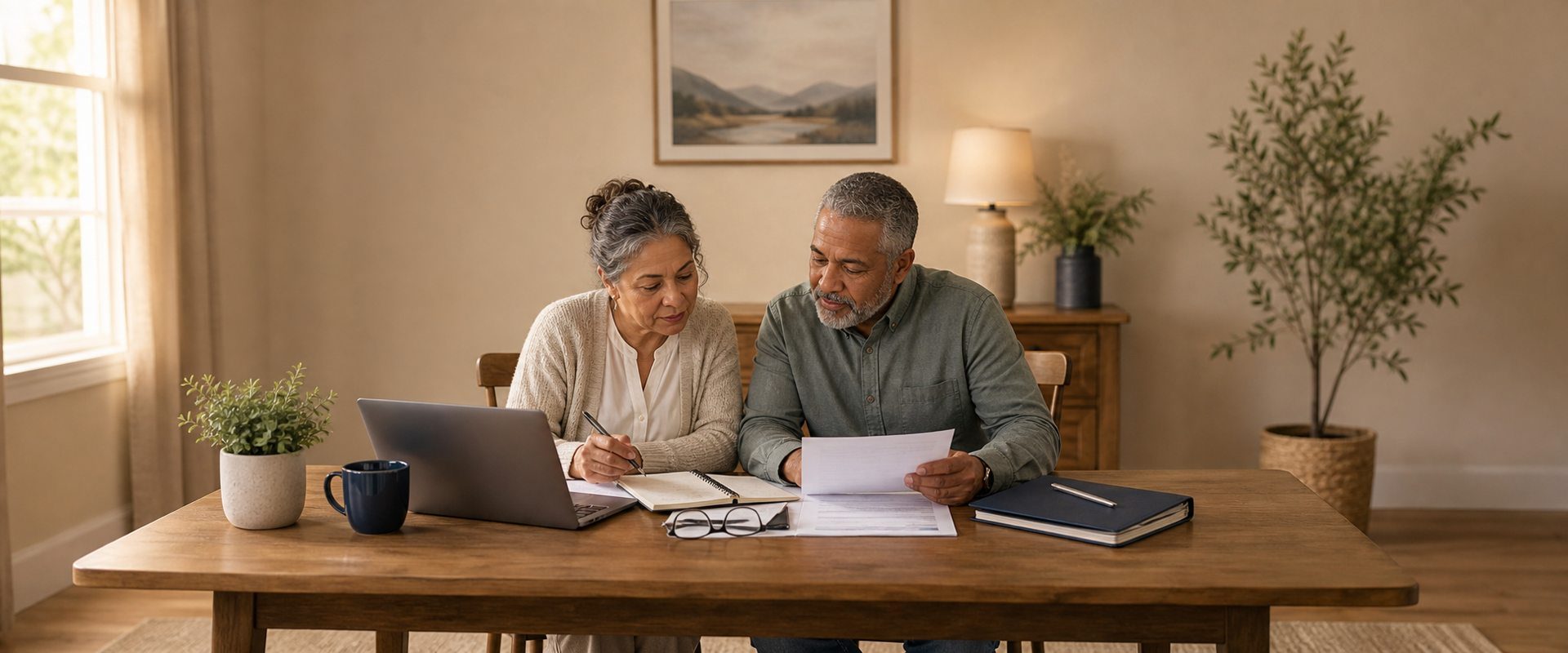 Couple at kitchen table reviewing bankruptcy questions together