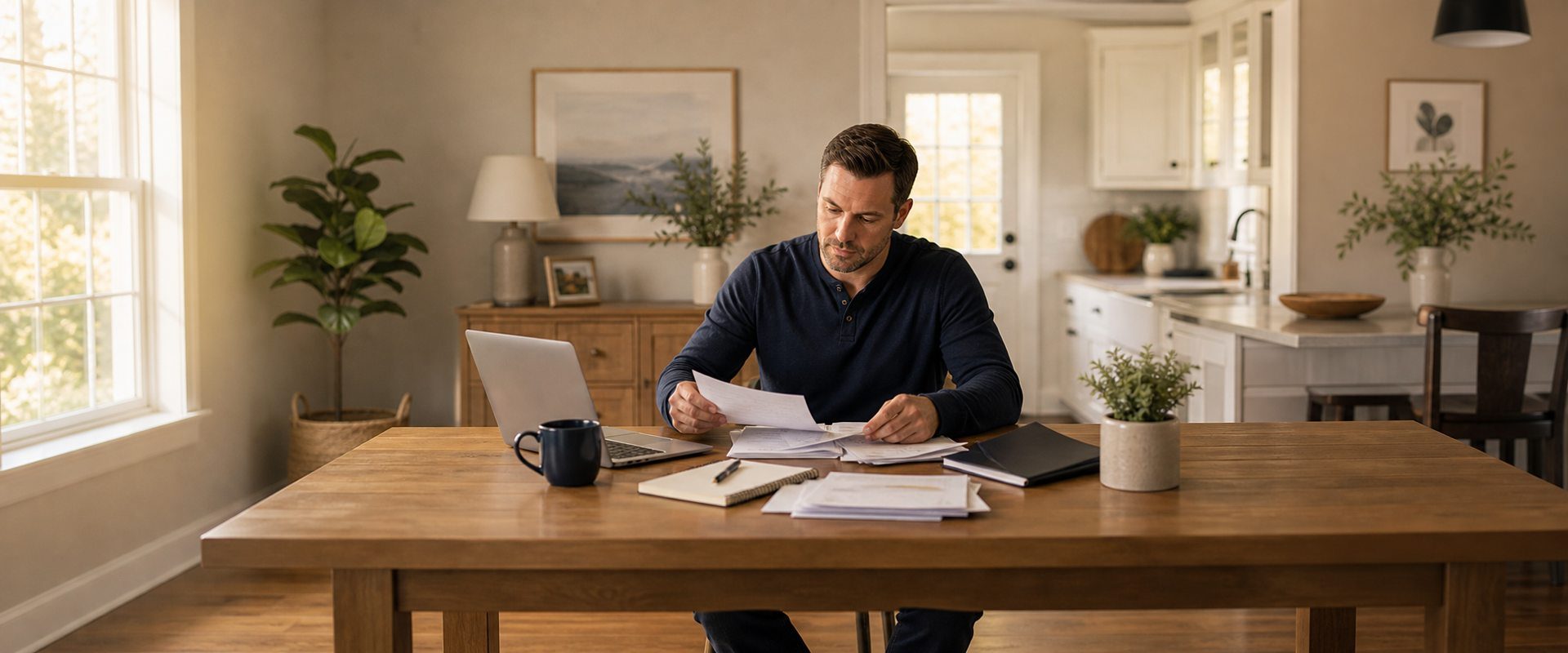 Adult calmly reviewing legal papers and a laptop at home, representing facing a debt lawsuit and seeking help