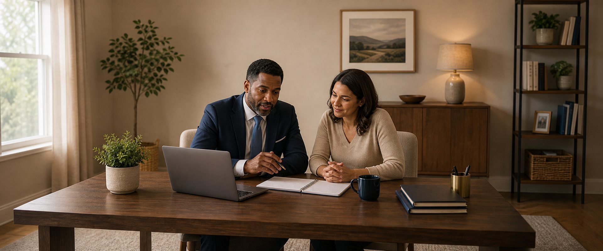 Attorney and client reviewing debt lawsuit documents together in a warm, professional office setting