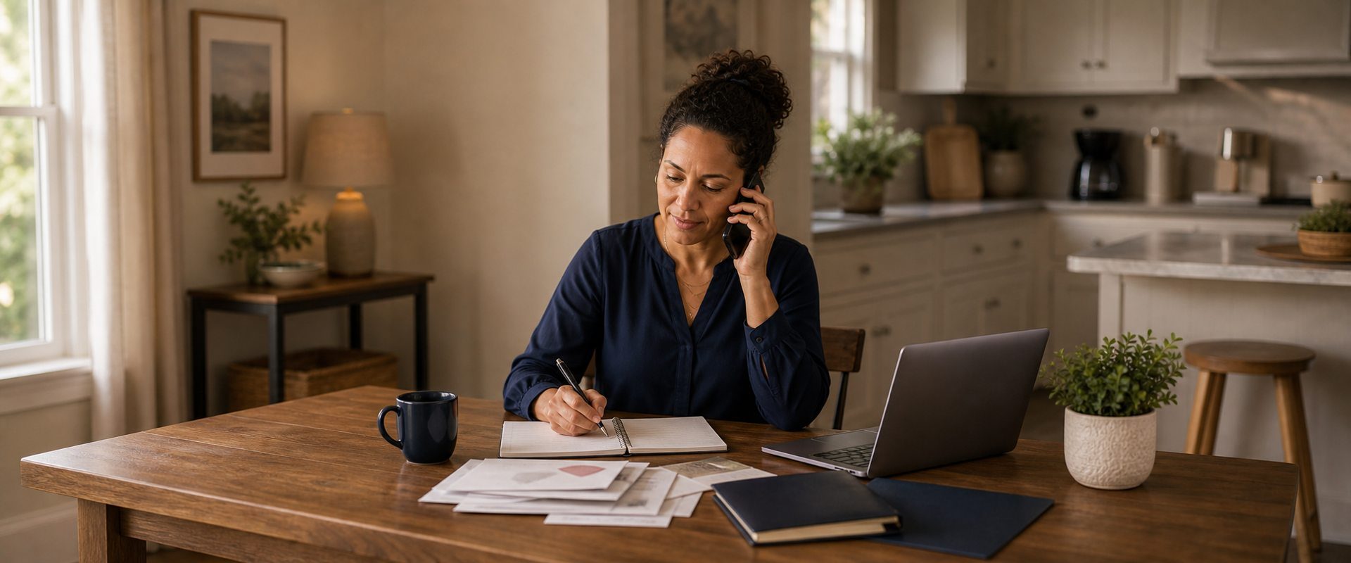 Person taking notes during a private phone consultation at home, learning about their bankruptcy options in a calm setting