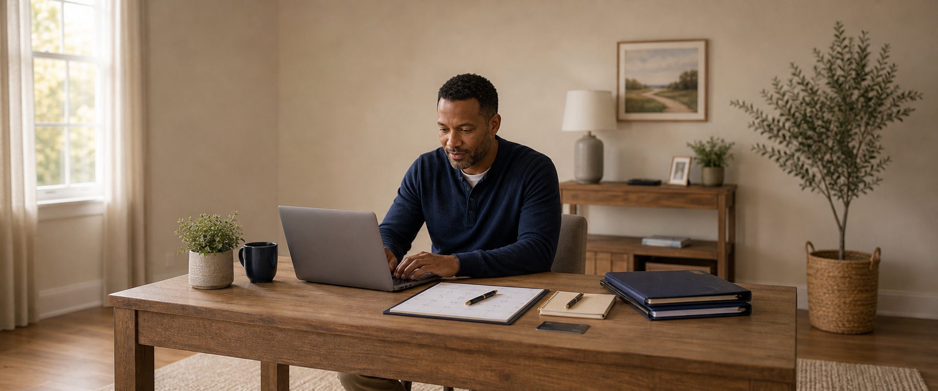 Person calmly reviewing future financial options on a laptop, looking hopeful about rebuilding after bankruptcy