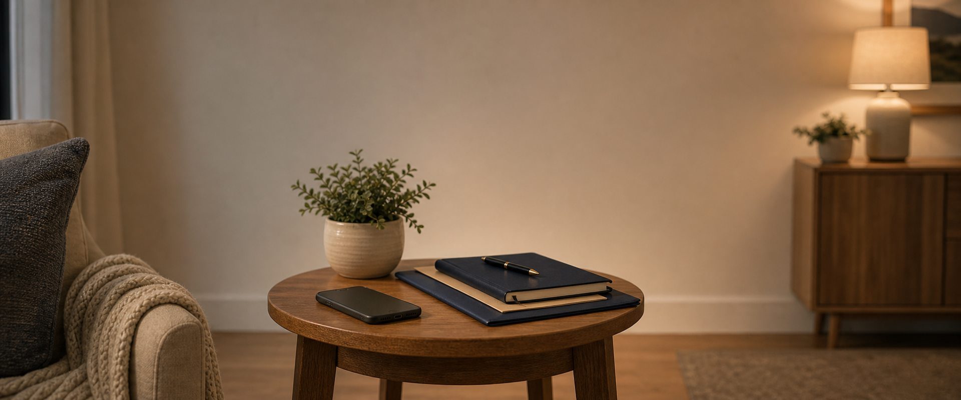 Smartphone turned face down on a neat desk beside organized folders, symbolizing relief from creditor calls and peace of mind