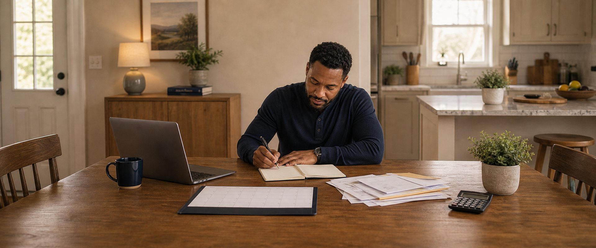 Working adult reviewing paycheck information on a laptop at home, concerned about wage garnishment and looking for relief