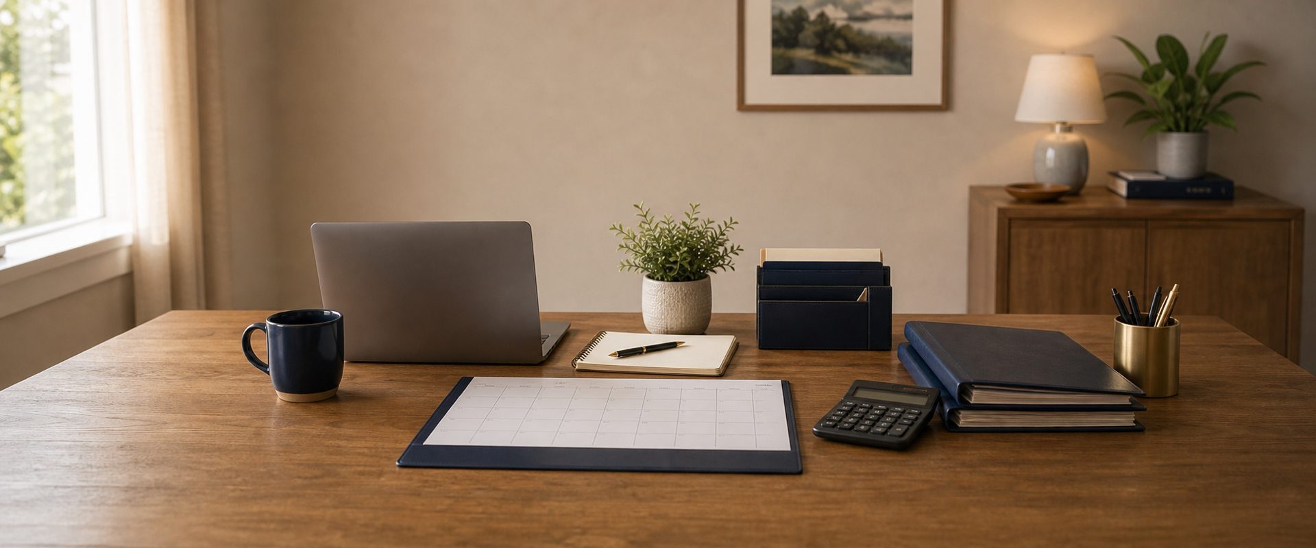 Clean tabletop with notebook, pen, laptop, and organized folders, representing a client learning about bankruptcy options without pressure