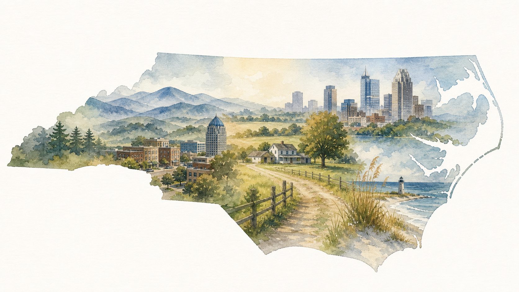 Watercolor-style North Carolina scene with references to multiple communities, representing Duncan Law's deep roots across the state