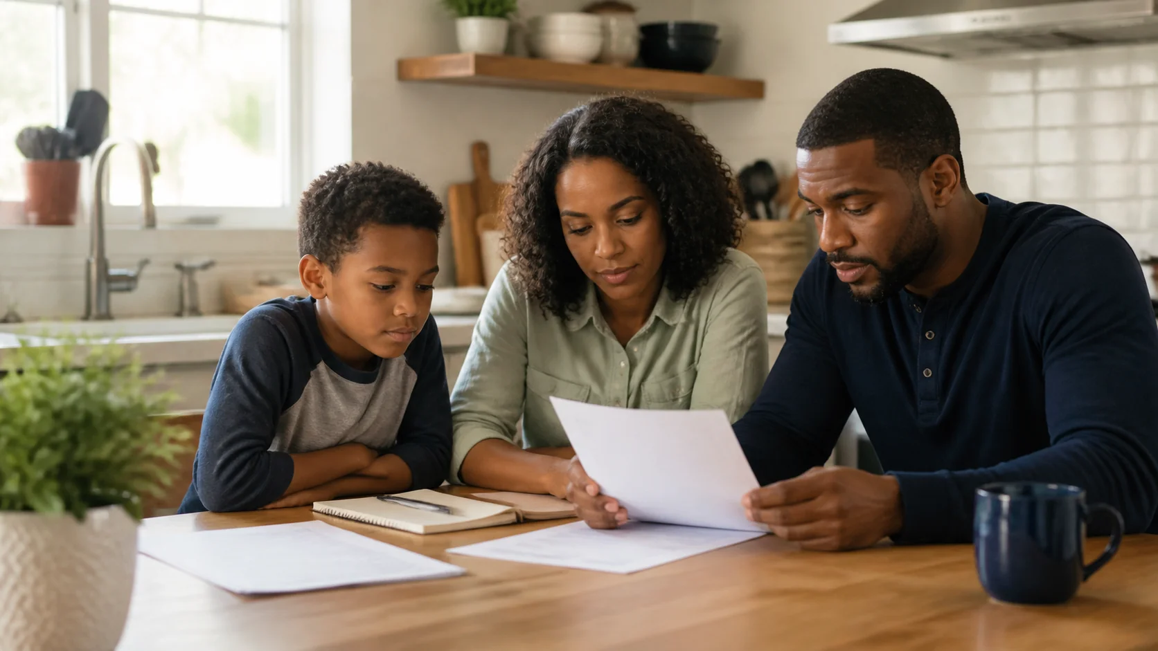 family-with-child-reviewing-financial-papers-kitchen