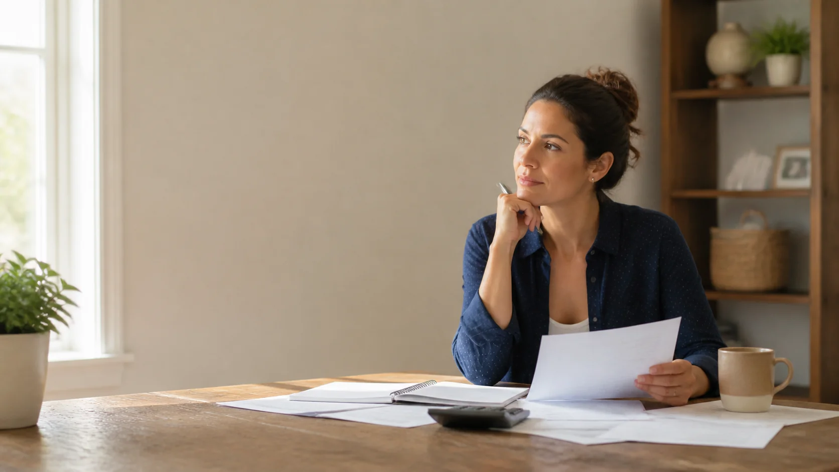 woman-holding-document-thoughtful-expression-home-desk