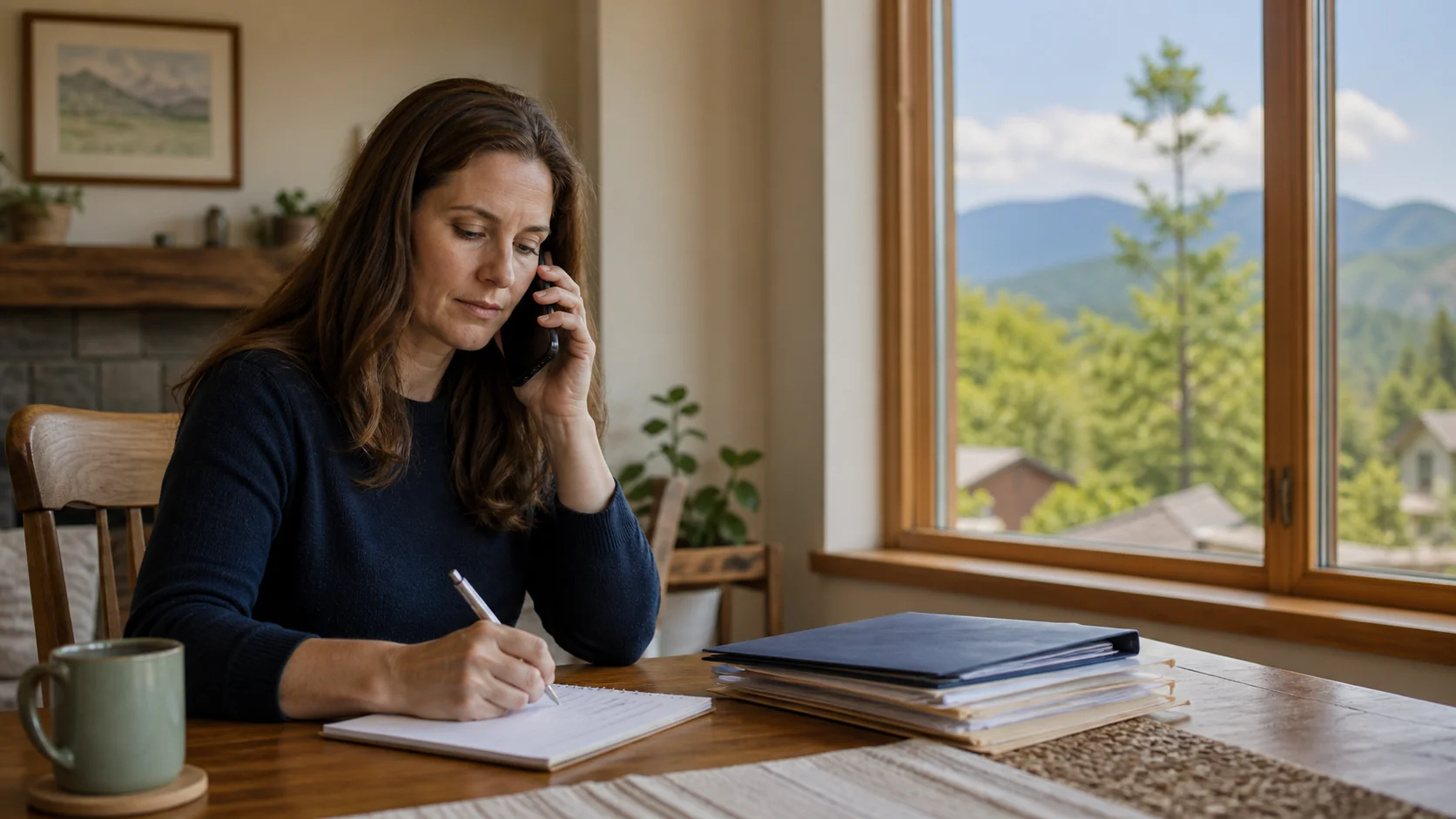 woman-on-phone-writing-notes-mountain-view-window